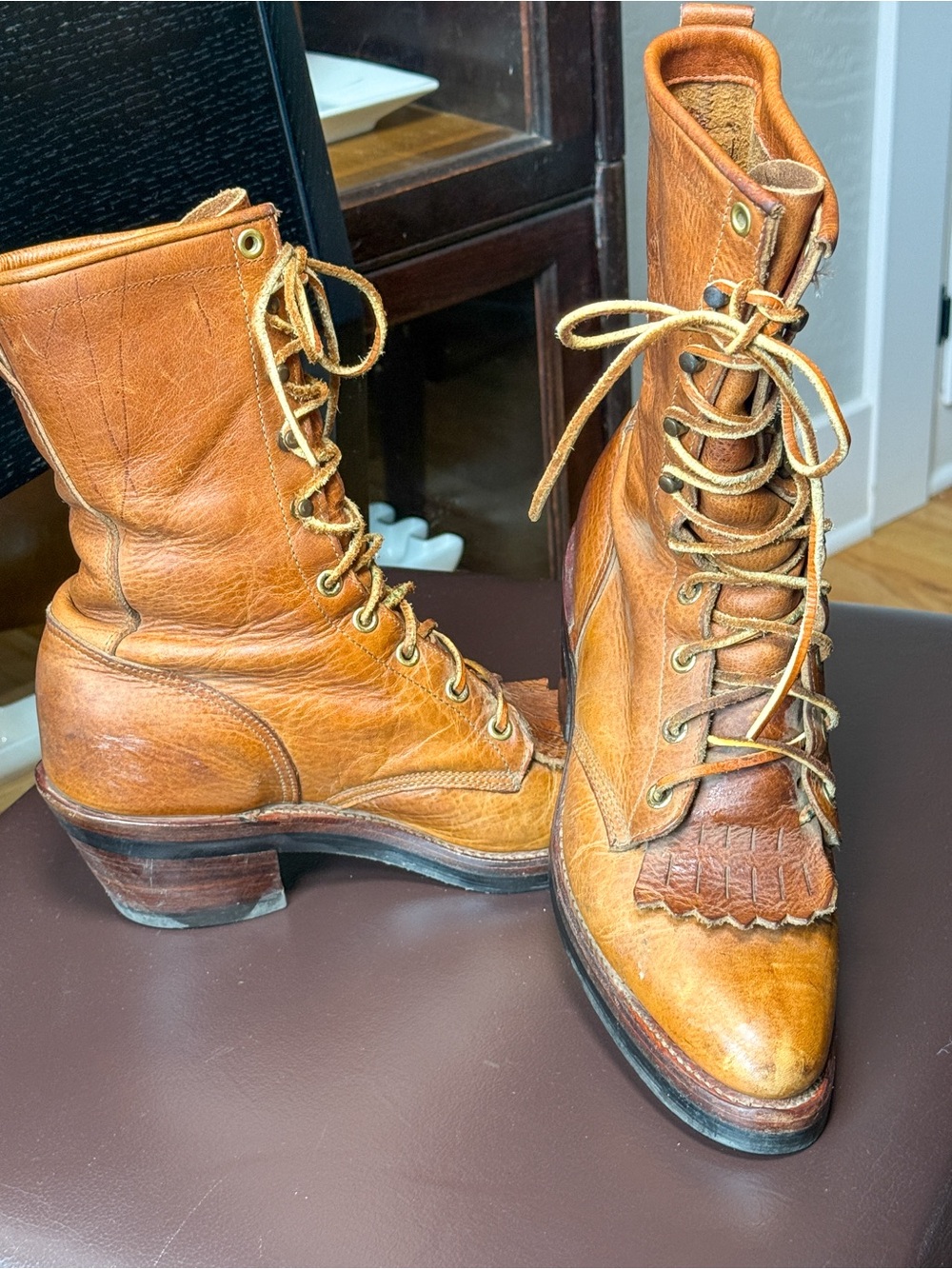 Justin Vintage Brown Leather Lace Up Kiltie Western Granny Boots Size 7B USA